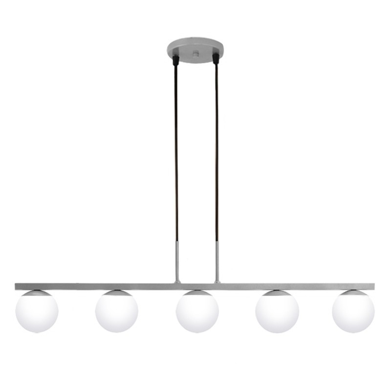 Pendente Jabuti Five na Cor Prata com Globos Brancos Fosco para 5 Lâmpadas G9 de LED Pendente Jabuti Five na Cor Prata com Globos Brancos Fosco para 5 Lâmpadas G9 de LED