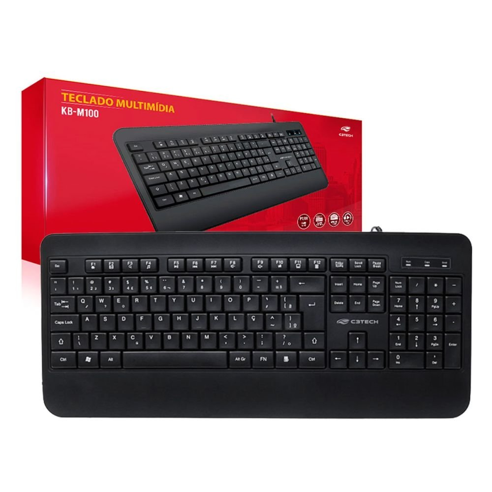 Teclado C3Tech KB-M100BK, Multimídia, USB, ABNT2, Preto