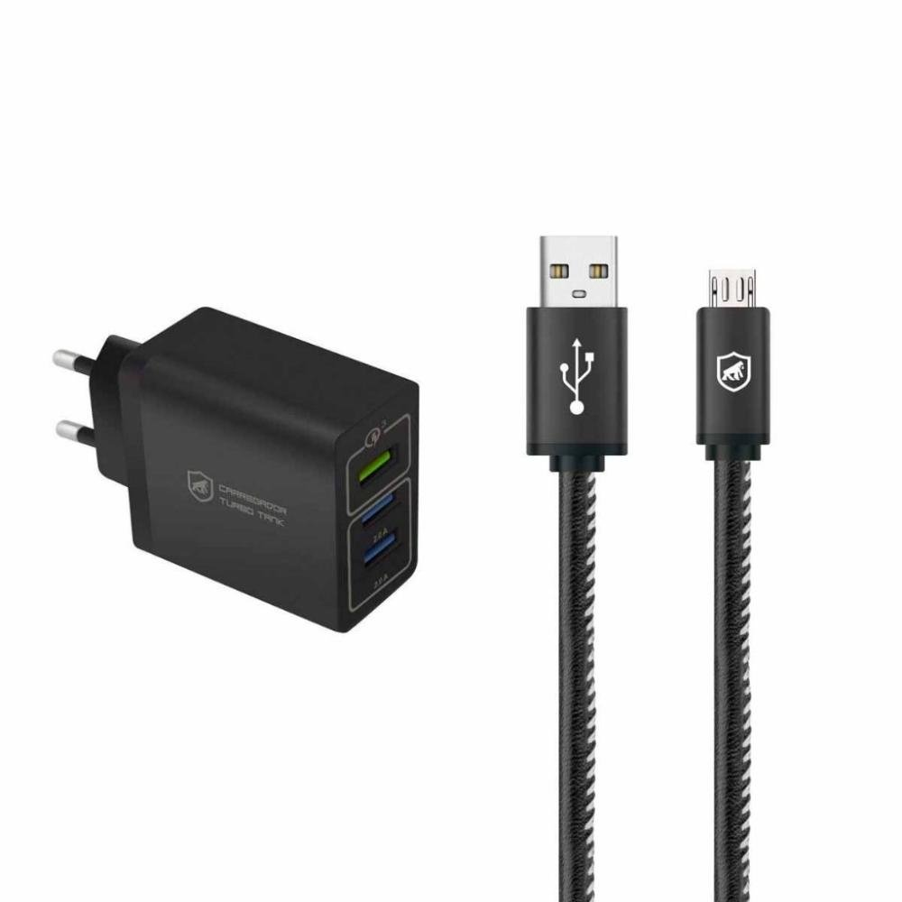Kit Carregador Turbo Triplo e Cabo Turbo Militar Micro USB V8 - Gshield Kit Carregador Turbo Triplo e Cabo Turbo Militar Micro USB V8 - Gshield