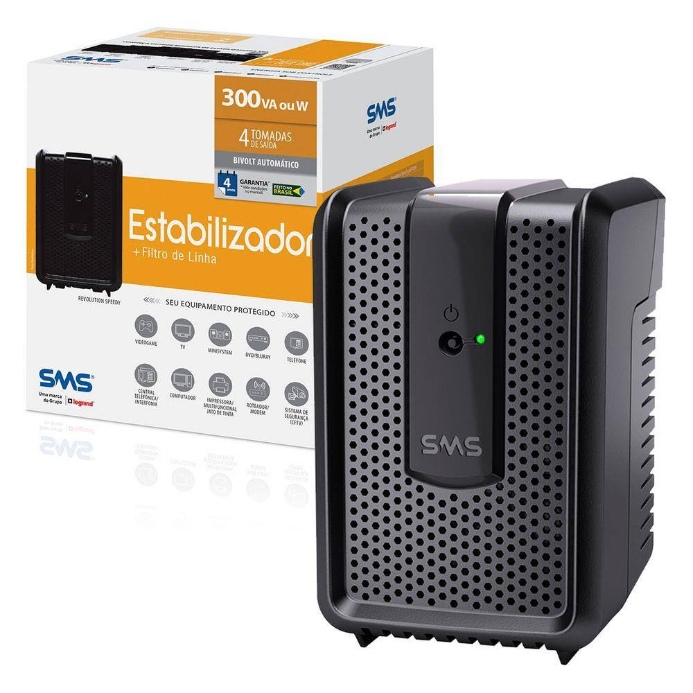 Estabilizador SMS Revolution Speedy 300VA, Entrada Bivolt Automático, Saída 115V, 4 Tomadas - 15970 Estabilizador SMS Revolution Speedy 300VA, Entrada Bivolt Automático, Saída 115V, 4 Tomadas - 15970