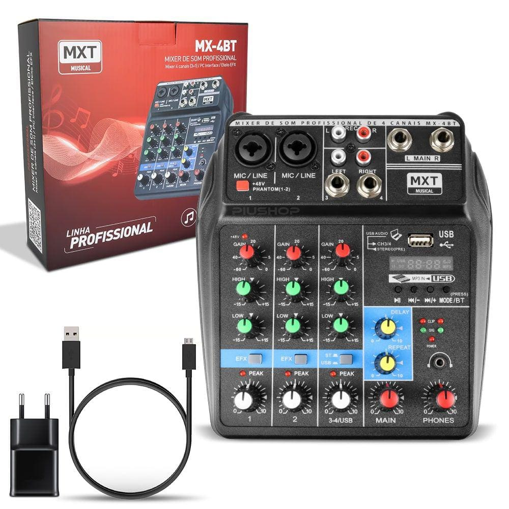 Mesa de Som Profissional 4 Canais com Bluetooth Usb e Equalizador MX-4BT MXT Mesa de Som Profissional 4 Canais com Bluetooth Usb e Equalizador MX-4BT MXT