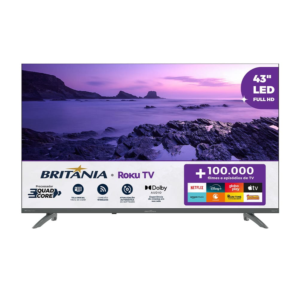 Smart TV DLED 43" Full HD Britânia BTV43VA4REGB Roku TV com HDMI, USB, Wi-Fi, Dolby Audio, Processador Quad-Core e Conexão com Alexa