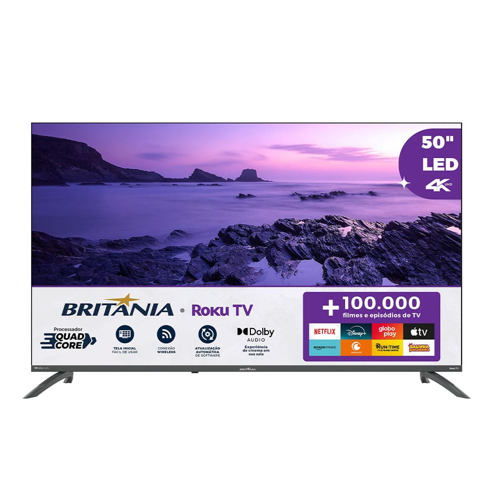 Smart TV 50" Britânia Ultra HD LED BTV50VA4REGB com Sistema Operacional Roku TV, Dolby Audio, Processador Quad-Core, Entradas USB e HDMI Smart TV 50" Britânia Ultra HD LED BTV50VA4REGB com Sistema Operacional Roku TV, Dolby Audio, Processador Quad-Core, Entradas USB e HDMI
