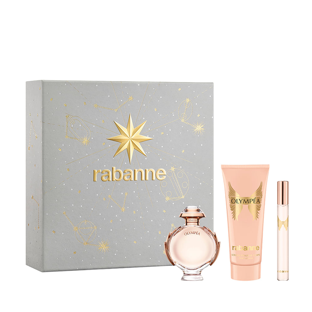 Kit perfume feminino rabanne olympéa eau de parfum 10ml e 50ml creme corporal 100ml