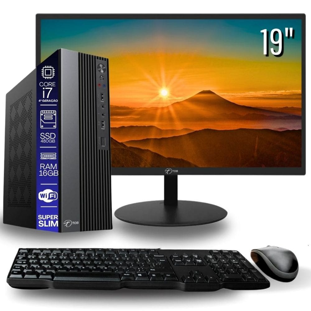 Computador TOB Slim Completo Compacto 4ª Geração Intel Core i7 SSD 480GB Memória 16GB Teclado Mouse Monitor 19" Rede sem fio Win 10 Trial Computador TOB Slim Completo Compacto 4ª Geração Intel Core i7 SSD 480GB Memória 16GB Teclado Mouse Monitor 19" Rede sem fio Win 10 Trial