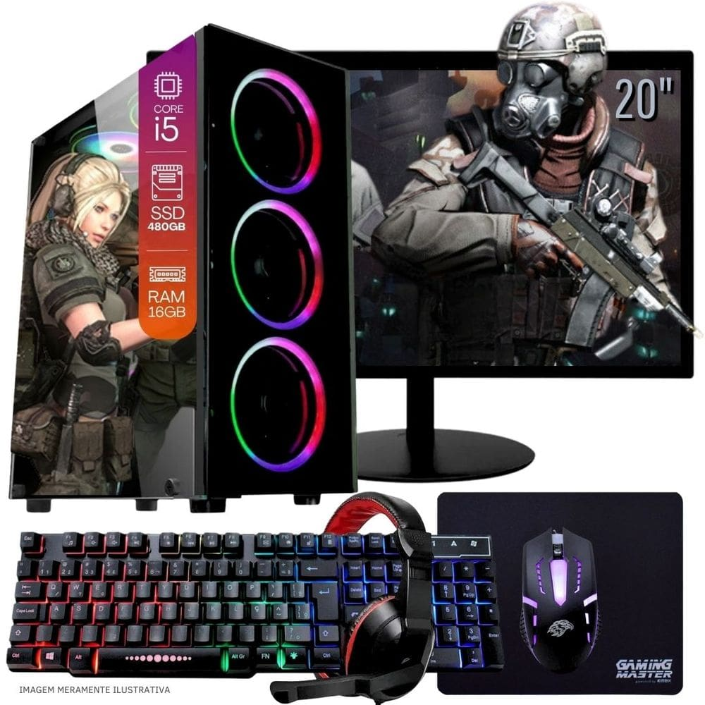 Computador Gamer Completo TOB Intel Core i5 SSD 480GB 16GB Teclado Mouse Mouse Pad e Headset Gamer Monitor 20" Windows 10 Pro Trial Computador Gamer Completo TOB Intel Core i5 SSD 480GB 16GB Teclado Mouse Mouse Pad e Headset Gamer Monitor 20" Windows 10 Pro Trial