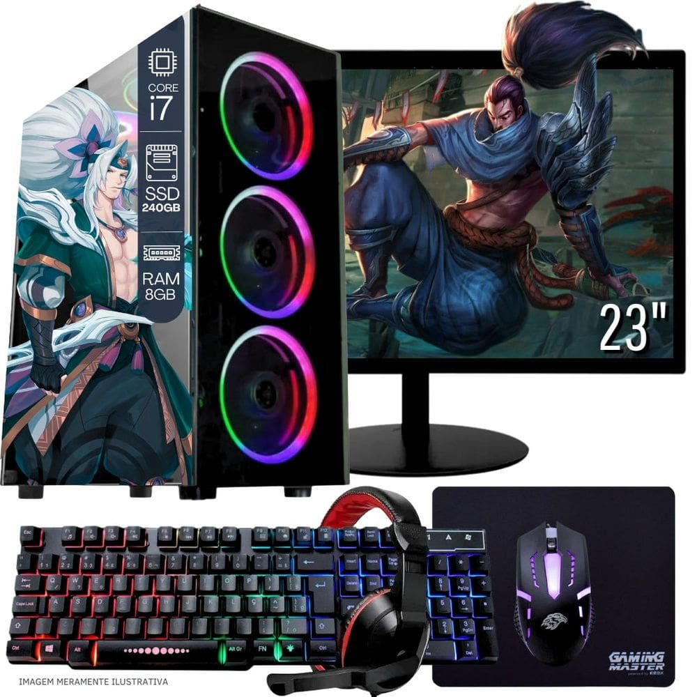 Computador Gamer Completo TOB Intel Core i7 SSD 240GB 8GB Teclado Mouse Mouse Pad e Headset Gamer Monitor 23" Windows 10 Pro Trial Computador Gamer Completo TOB Intel Core i7 SSD 240GB 8GB Teclado Mouse Mouse Pad e Headset Gamer Monitor 23" Windows 10 Pro Trial