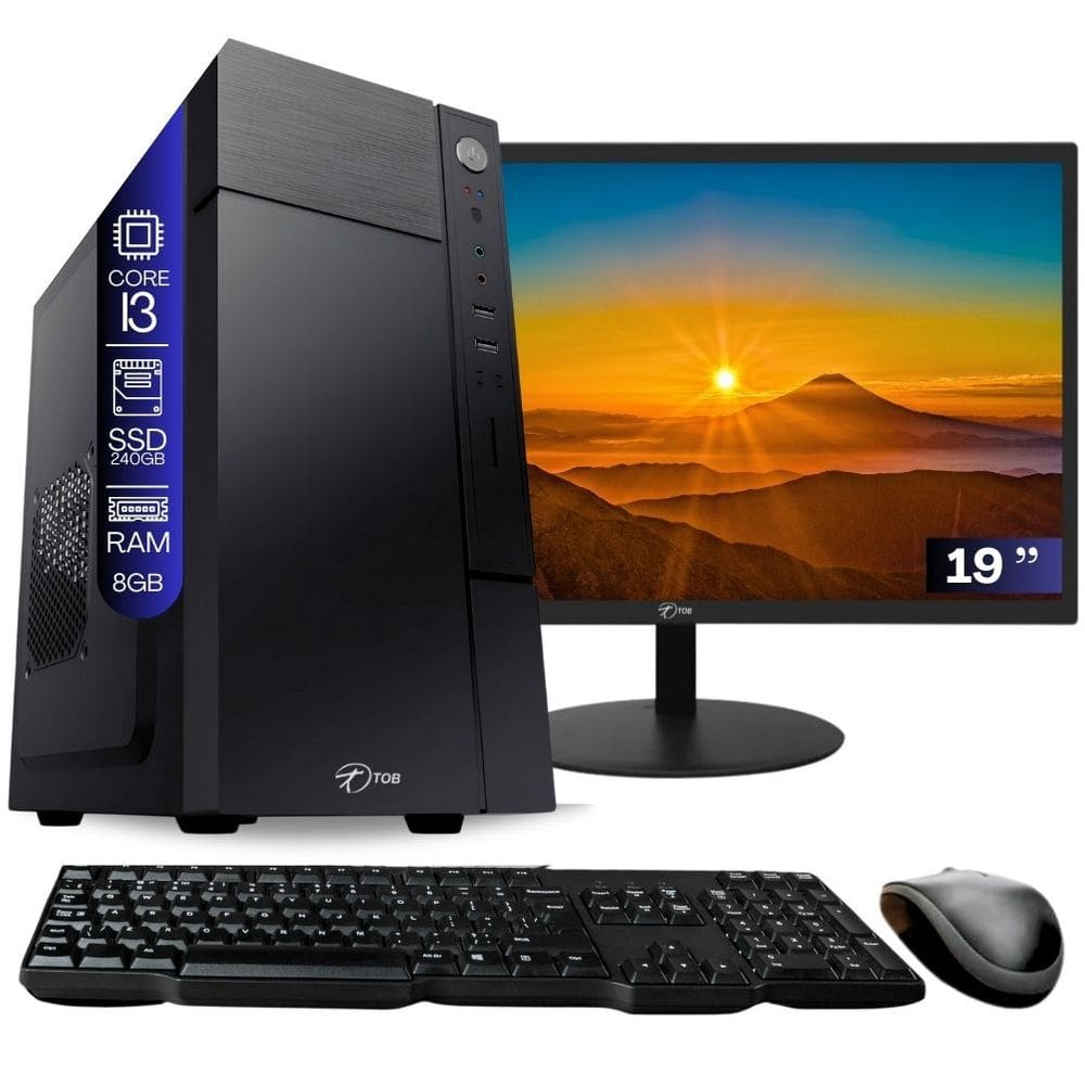 Computador Completo TOB Intel Core i3 SSD 240GB Memória 8GB Windows 10 Pro Trial + Teclado e Mouse + Monitor 19" Desktop