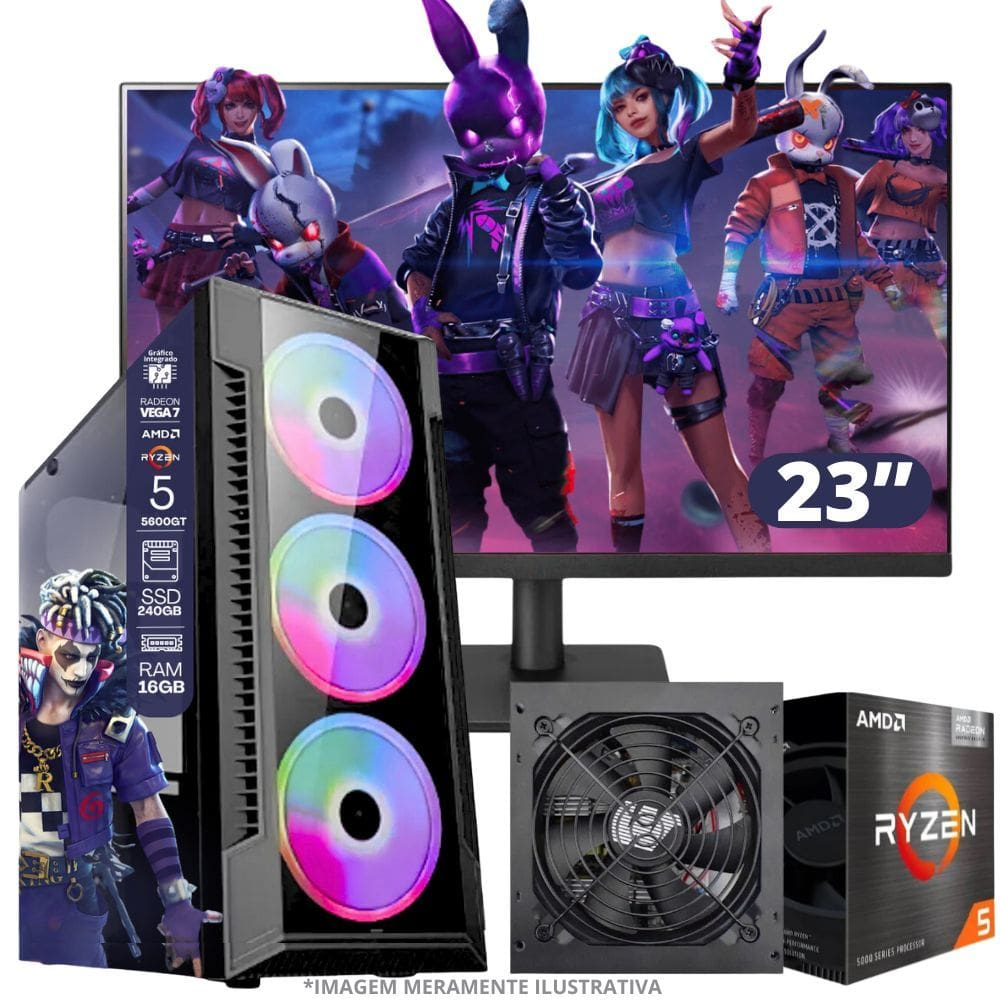 PC Gamer AMD Ryzen 5 5600GT, 16GB RAM, Placa de video Radeon Vega 7, SSD 240GB, Fonte 550W + Monitor 23" LED 75hz PC Gamer AMD Ryzen 5 5600GT, 16GB RAM, Placa de video Radeon Vega 7, SSD 240GB, Fonte 550W + Monitor 23" LED 75hz