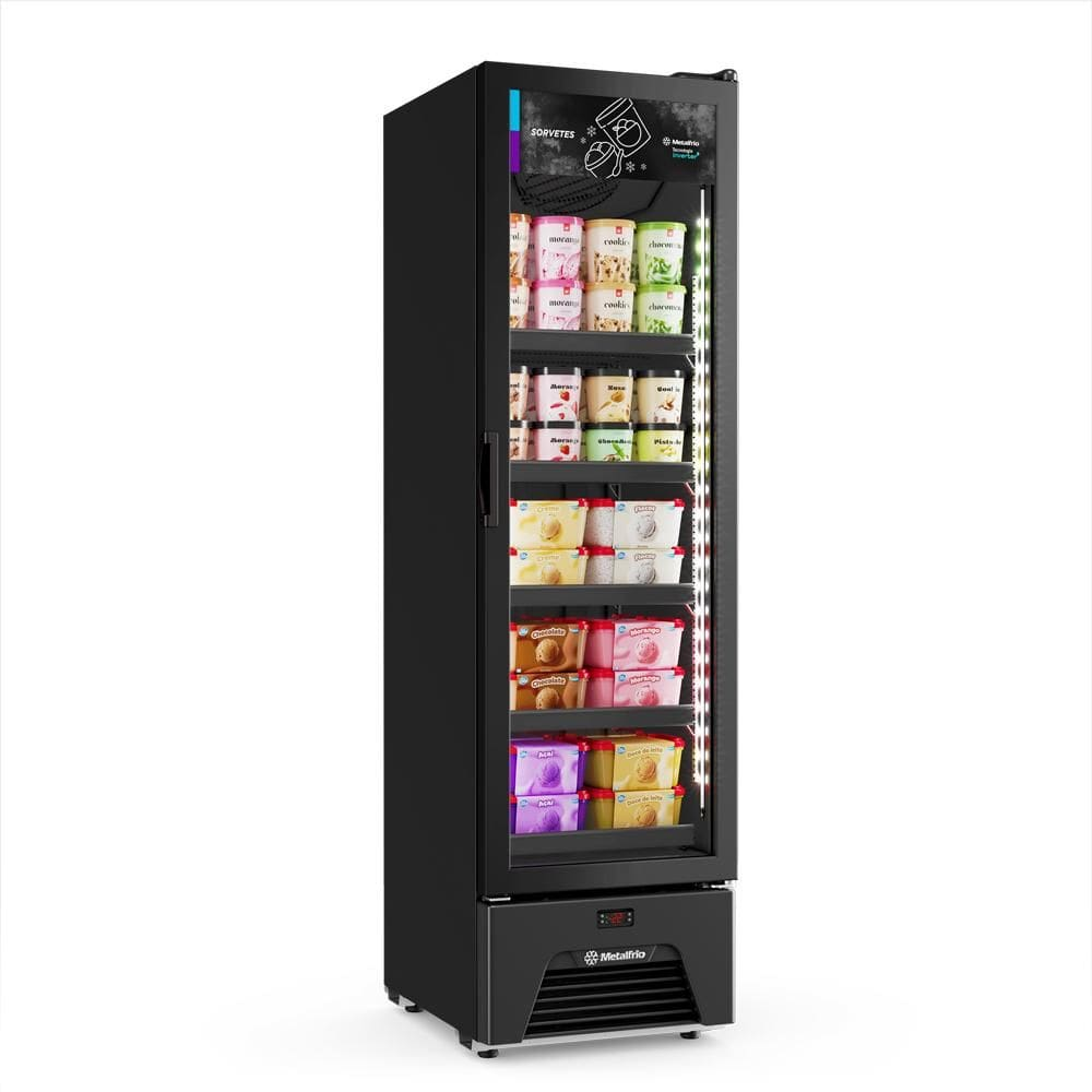Freezer Vertical Sorvetes Frost Free -18 a -22ºc Slim Inverter 204/337l Vf28 All Black 220v - Metalfrio - 220V