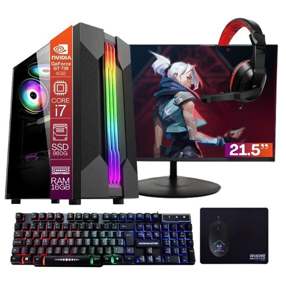 Computador PC Gamer Completo TOB Core i7 SSD 960GB 16GB VGA GT730 4GB Windows 10 Pro Trial + Teclado/Mouse + Mouse Pad + Headset + Monitor 21.5 Computador PC Gamer Completo TOB Core i7 SSD 960GB 16GB VGA GT730 4GB Windows 10 Pro Trial + Teclado/Mouse + Mouse Pad + Headset + Monitor 21.5
