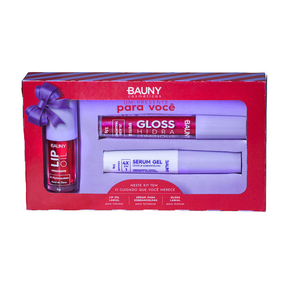 Kit bauny gloss labial 3d lip oil gel para cílios e sobrancelha