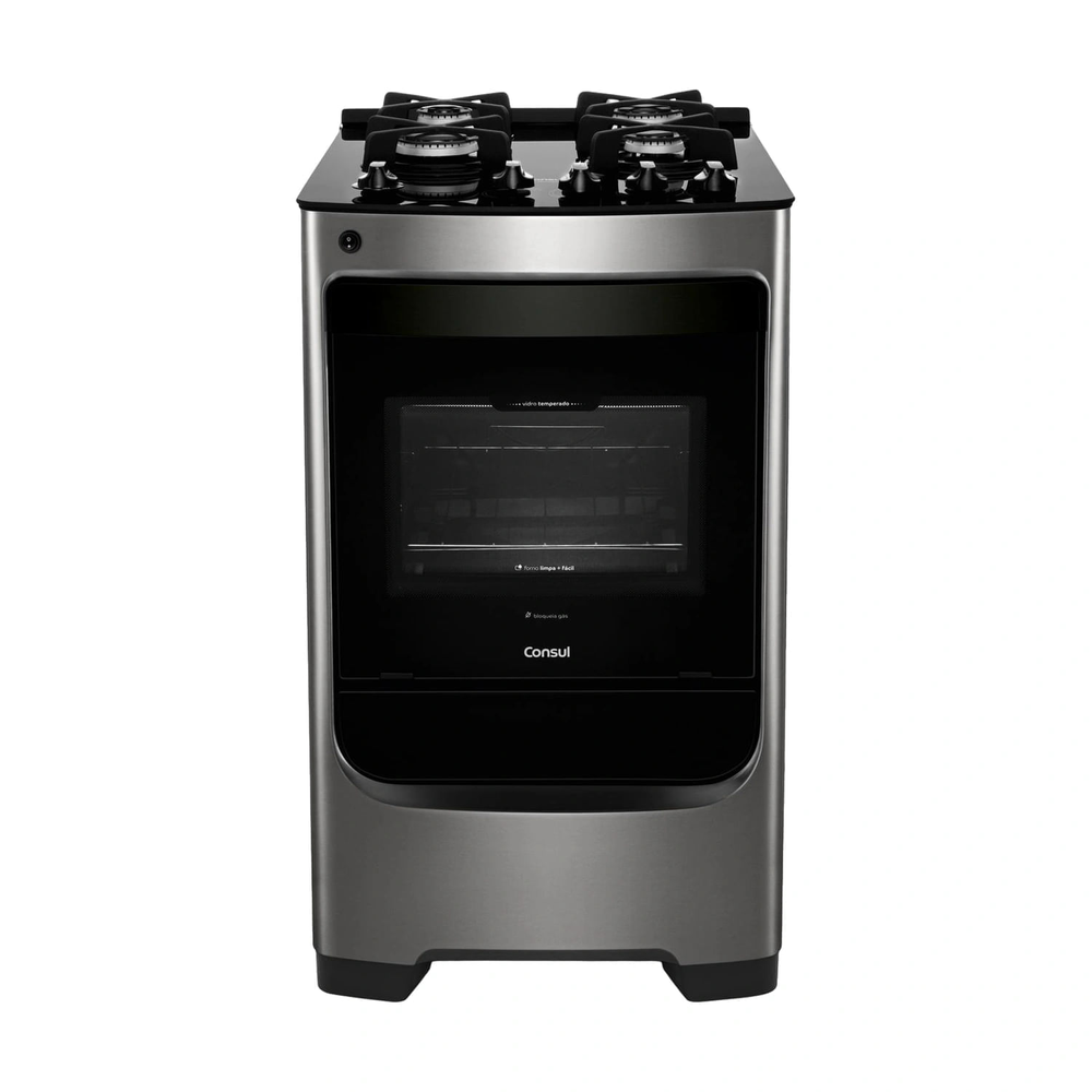 Fogão Consul 4 Bocas Cor Inox Com Mesa De Vidro E Grade De Ferro Fundido - Cfo4var Bivolt