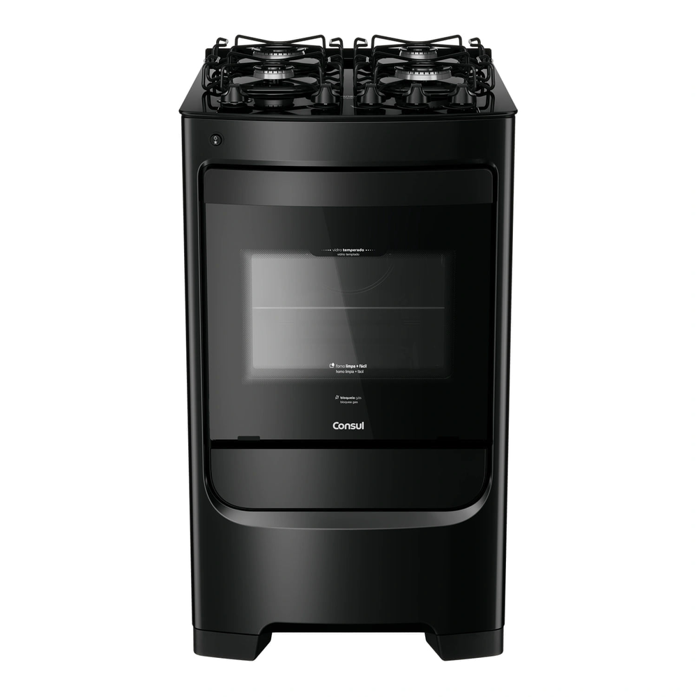 Fogão Consul 4 Bocas Preto Com Mesa De Vidro E Grades Individuais Super Estáveis - Cfo4vbe Bivolt