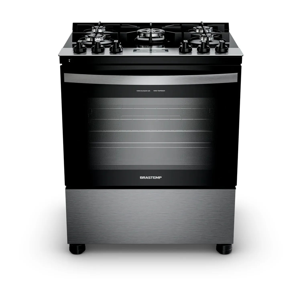 Fogão Brastemp 5 Bocas Cor Inox Com Mesa De Vidro, Turbo Chama E Timer - Bfs5xar Bivolt