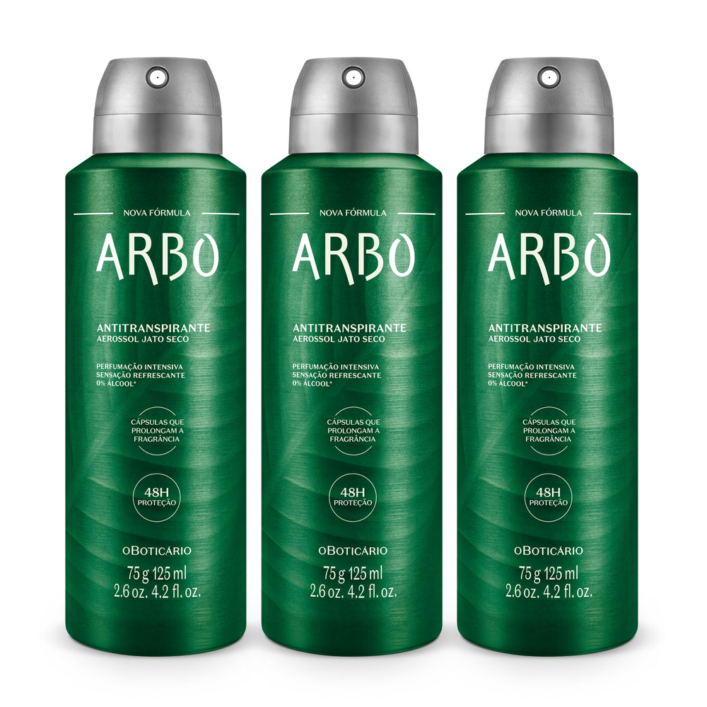 Combo Arbo: Desodorante Antitranspirante Aerossol 75g/125ml (3 unidades) Combo Arbo: Desodorante Antitranspirante Aerossol 75g/125ml (3 unidades)
