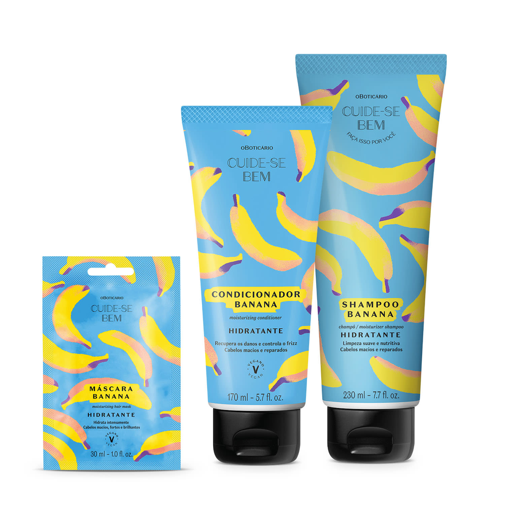 Combo Cuide-se Bem Feira Banana: Shampoo 230ml + Sachê Máscara 30ml + Condicionador 170ml Combo Cuide-se Bem Feira Banana: Shampoo 230ml + Sachê Máscara 30ml + Condicionador 170ml