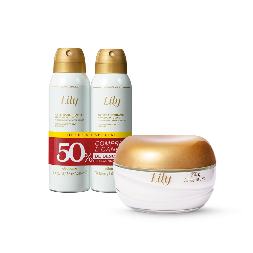Combo Lily: Creme Acetinado Hidratante Corporal 250g + Desodorante Antitranspirante 2x75g/125ml Combo Lily: Creme Acetinado Hidratante Corporal 250g + Desodorante Antitranspirante 2x75g/125ml