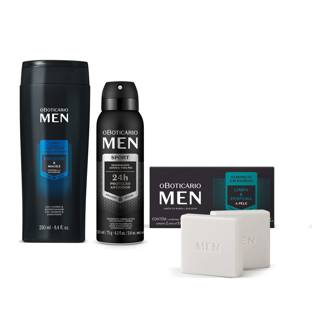Combo MEN: Shampoo 2 em 1 250ml + Sabonete em Barra 2x90g + Desodorante Para Pés 125ml Combo MEN: Shampoo 2 em 1 250ml + Sabonete em Barra 2x90g + Desodorante Para Pés 125ml