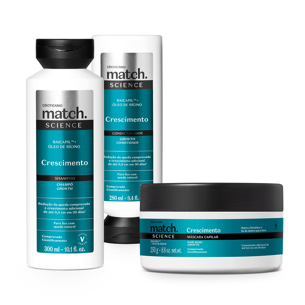 Combo Match Science Crescimento: Shampoo 300ml + Condicionador 280ml + Máscara Capilar 250g Combo Match Science Crescimento: Shampoo 300ml + Condicionador 280ml + Máscara Capilar 250g