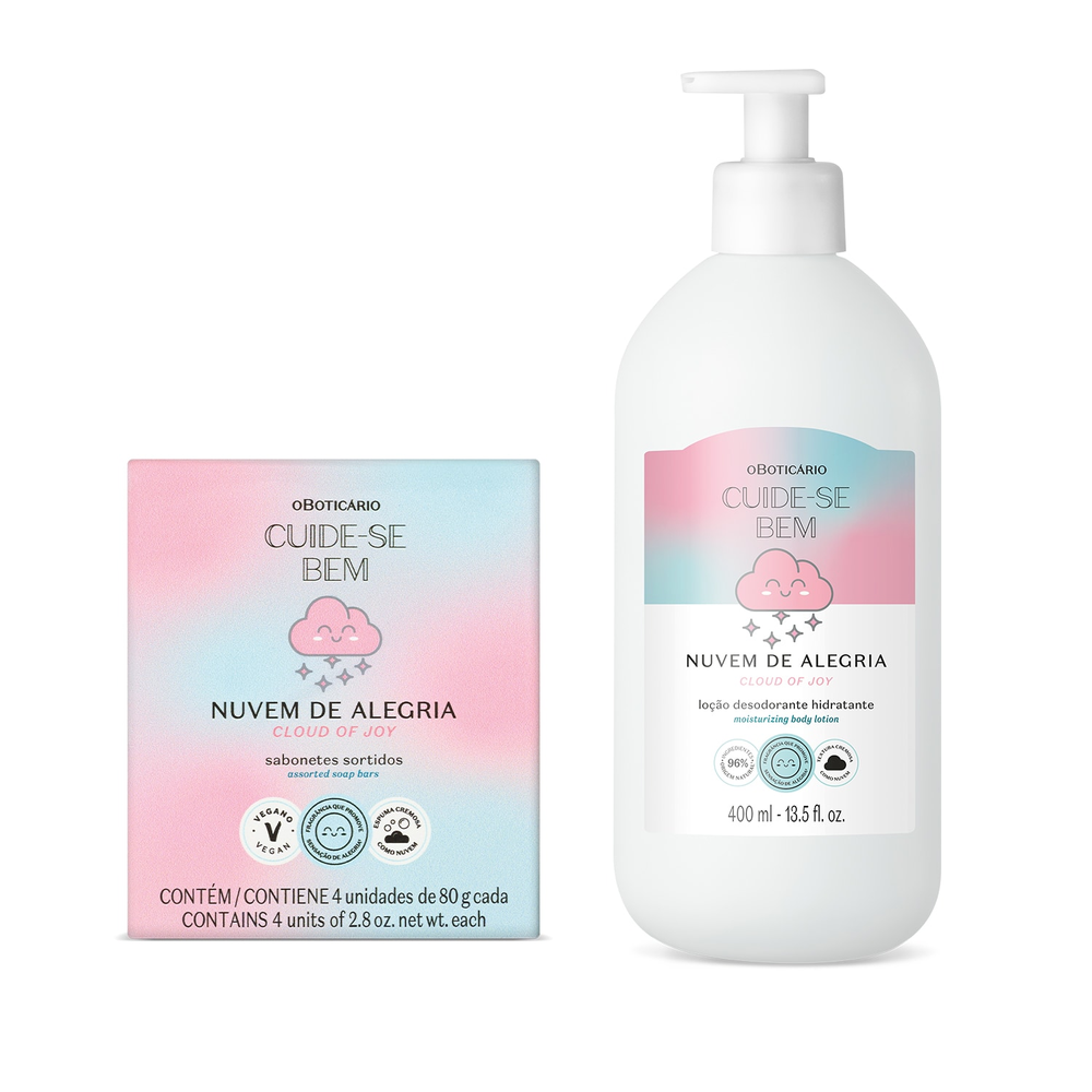 Combo Cuide-se Bem Nuvem de Alegria: Loção Corporal 400ml + Sabonetes em Barra 4x80g Combo Cuide-se Bem Nuvem de Alegria: Loção Corporal 400ml + Sabonetes em Barra 4x80g