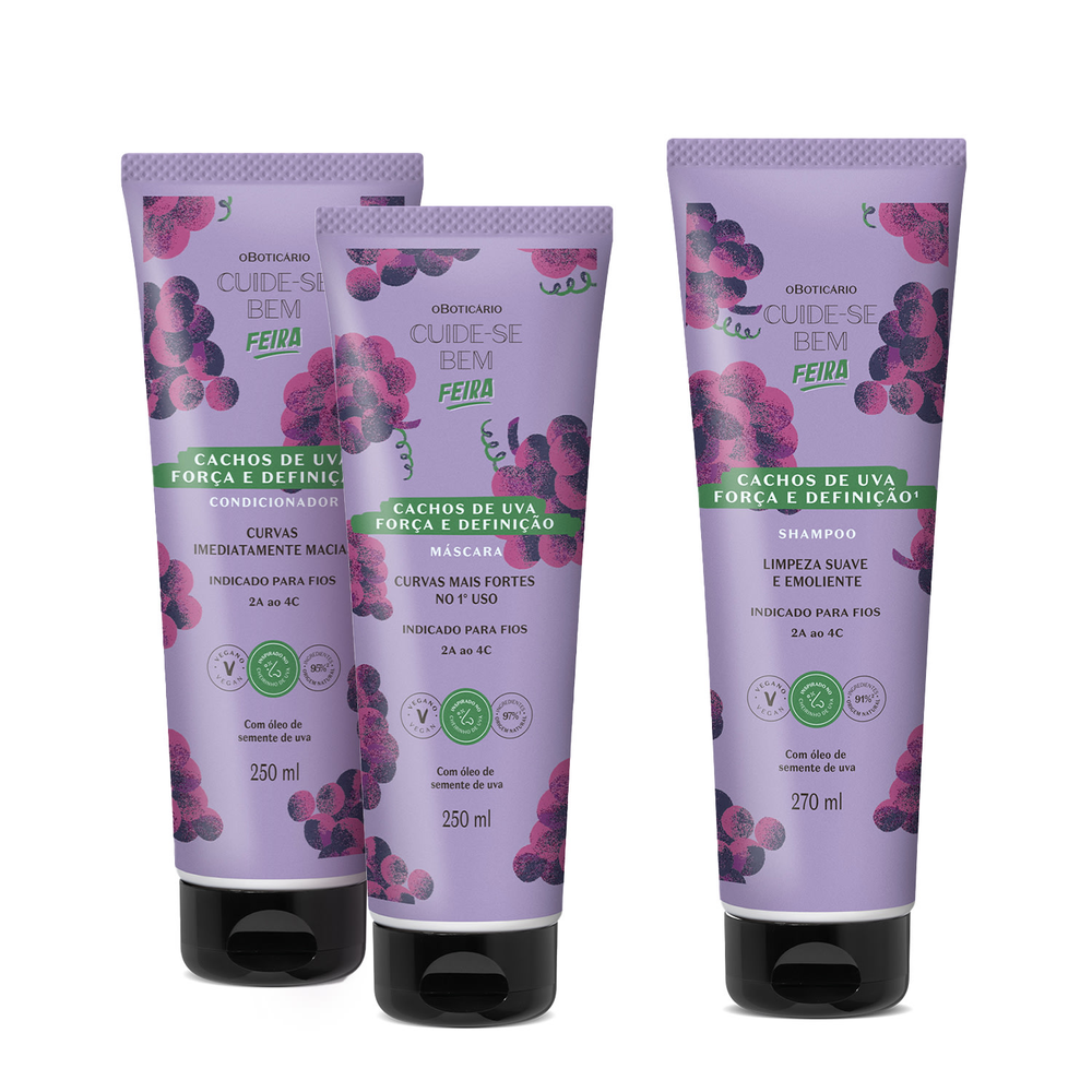 Combo Cuide-se Bem Cachos de Uva: Shampoo 270ml + Máscara Capilar 250ml +Condicionador 250ml Combo Cuide-se Bem Cachos de Uva: Shampoo 270ml + Máscara Capilar 250ml +Condicionador 250ml