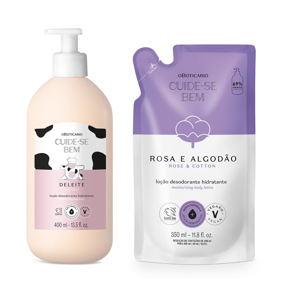 Combo Cuide-se Bem: Loção Corporal Deleite 400ml + Refil Rosa e Algodão 350ml