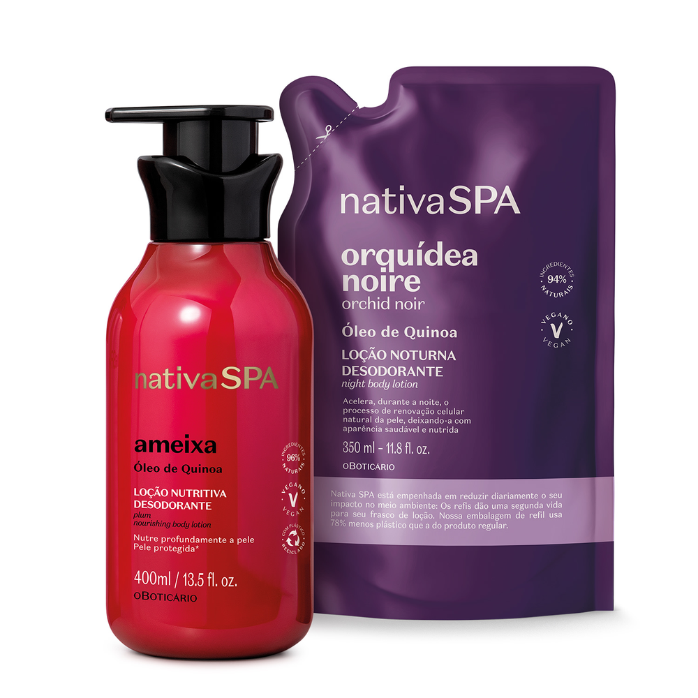 Combo Nativa Spa: Loção Hidratante Desodorante Ameixa 400ml + Refil Orquídea Noire 350ml Combo Nativa Spa: Loção Hidratante Desodorante Ameixa 400ml + Refil Orquídea Noire 350ml