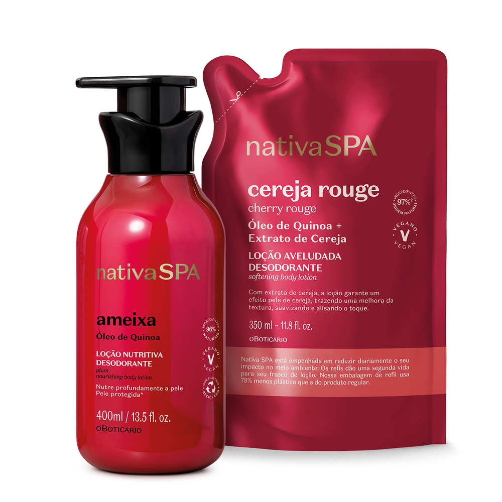 Combo Nativa Spa: Loção Corporal Ameixa 400ml + Refil Cereja Rouge 350ml Combo Nativa Spa: Loção Corporal Ameixa 400ml + Refil Cereja Rouge 350ml