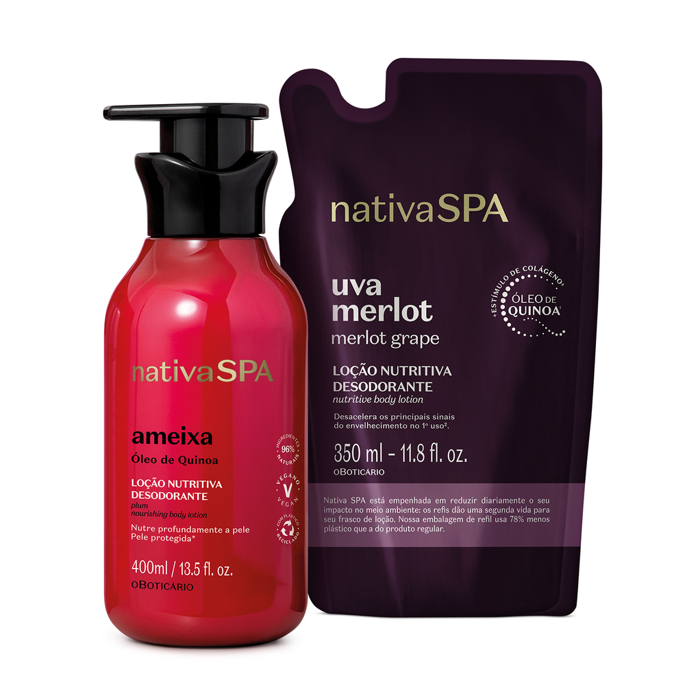 Combo Nativa Spa: Loção Corporal Ameixa 400ml + Refil Uva Merlot 350ml Combo Nativa Spa: Loção Corporal Ameixa 400ml + Refil Uva Merlot 350ml