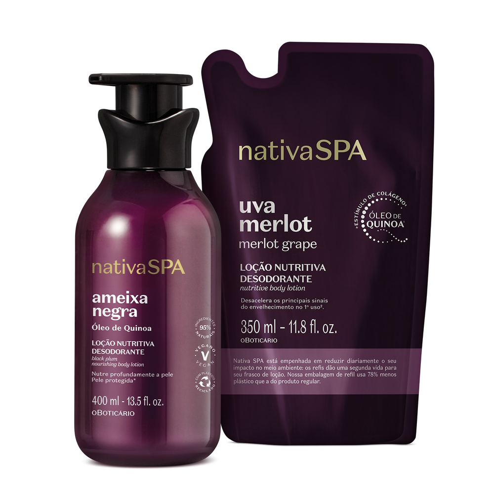 Combo Nativa Spa: Loção Corporal Ameixa Negra 400ml + Refil Uva Merlot 350ml Combo Nativa Spa: Loção Corporal Ameixa Negra 400ml + Refil Uva Merlot 350ml