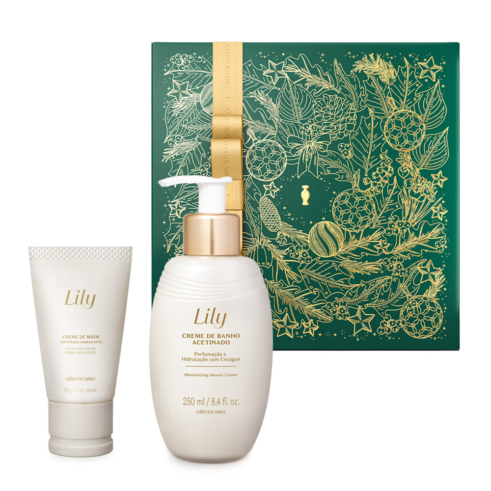 Combo Presente Natal Lily Acetinados: Creme de Banho 250ml + Creme Para Mãos 50g + Caixa De Presente Combo Presente Natal Lily Acetinados: Creme de Banho 250ml + Creme Para Mãos 50g + Caixa De Presente