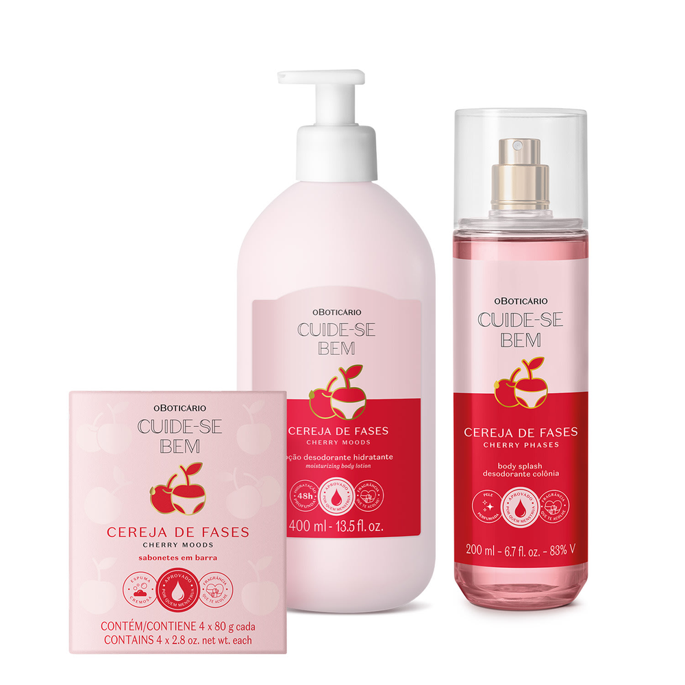 Combo Cuide-se Bem Cereja De Fases: Sabonetes Em Barra 4x80g + Loção Corporal 400ml + Body Splash 200ml Combo Cuide-se Bem Cereja De Fases: Sabonetes Em Barra 4x80g + Loção Corporal 400ml + Body Splash 200ml