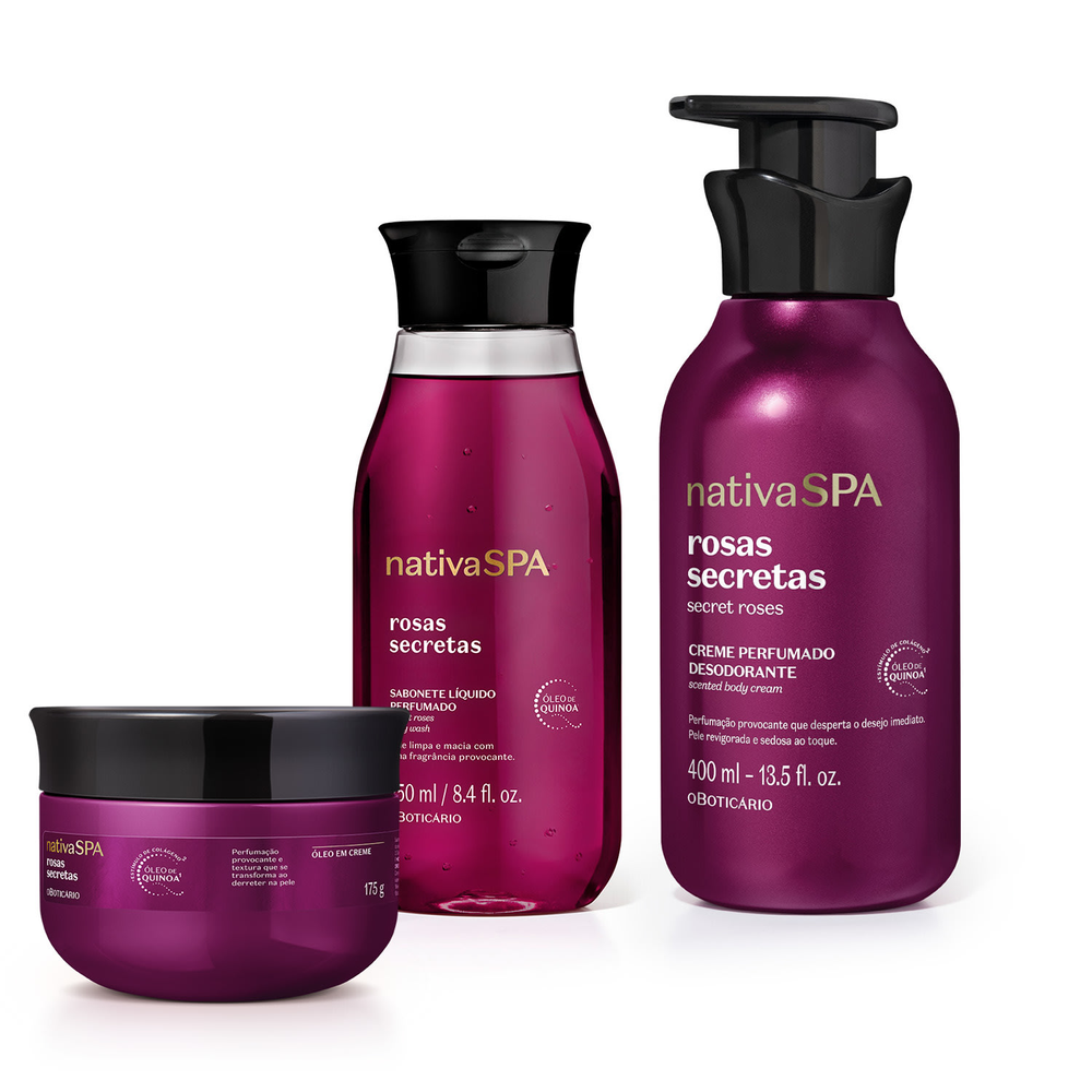 Combo Nativa SPA Rosas Secretas: Sabonete Líquido 250ml + Óleo Em Creme 175g + Creme Perfumado Corporal 400ml Combo Nativa SPA Rosas Secretas: Sabonete Líquido 250ml + Óleo Em Creme 175g + Creme Perfumado Corporal 400ml
