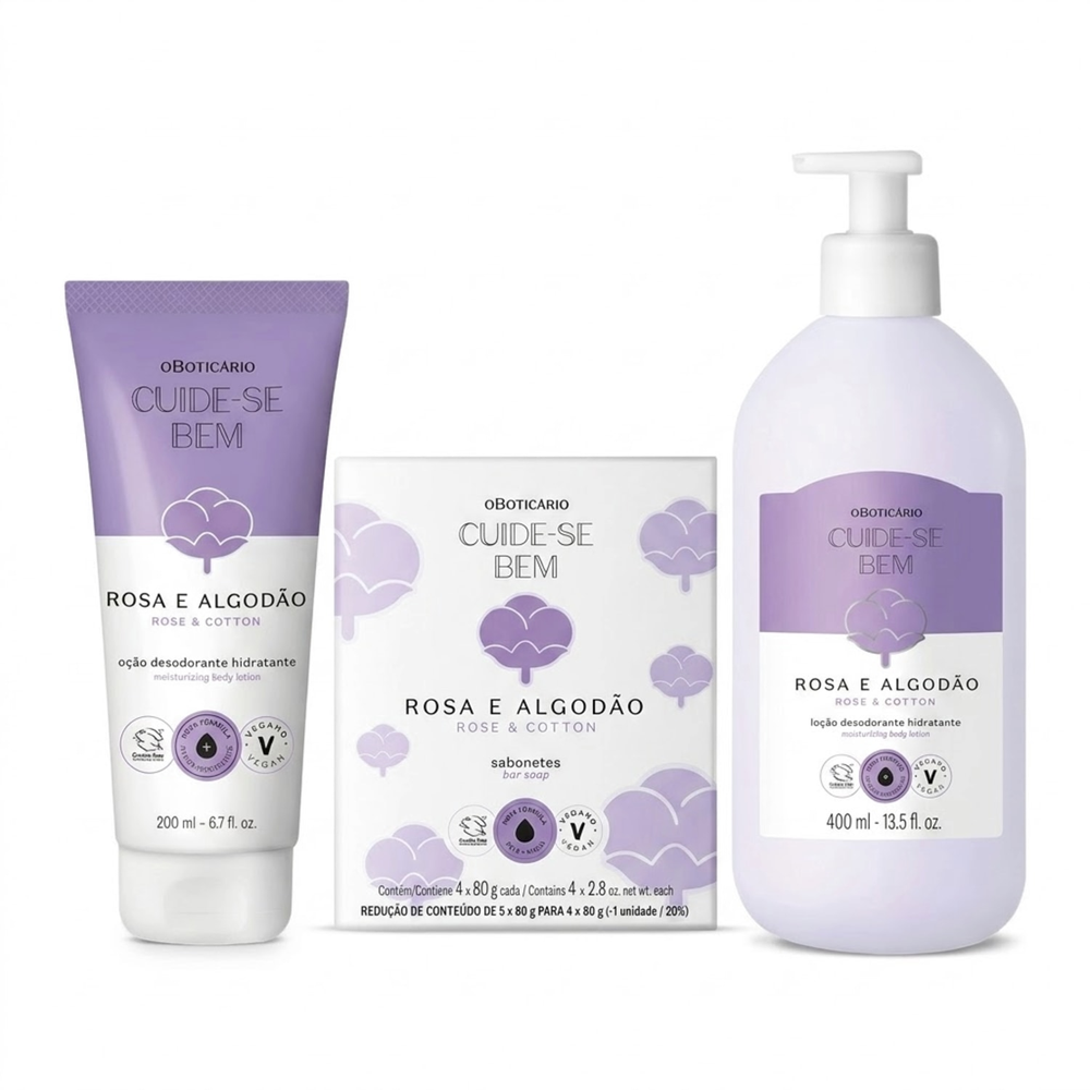 Combo Cuide-se Bem Rosa e Algodão: Sabonete 5x80g + Loção Corporal 200ml + Loção Corporal 400ml Combo Cuide-se Bem Rosa e Algodão: Sabonete 5x80g + Loção Corporal 200ml + Loção Corporal 400ml