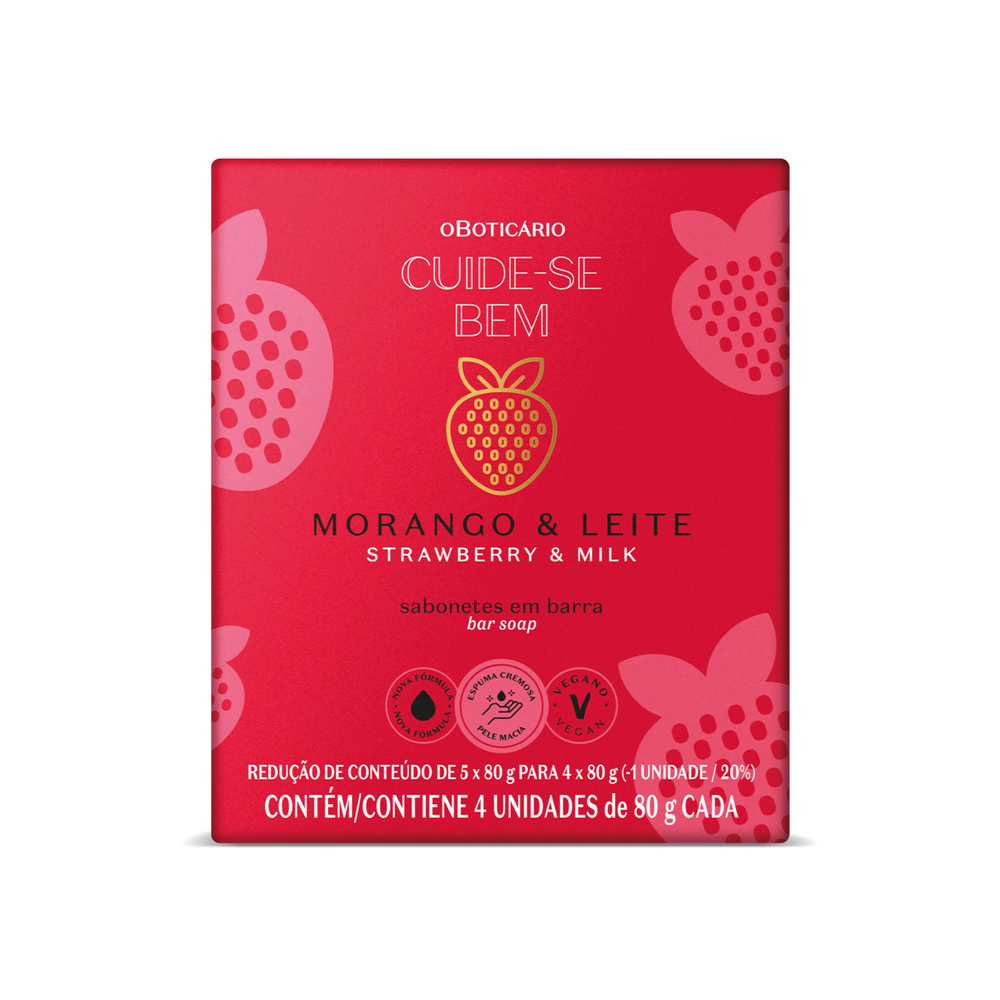 Kit Sabonetes em Barra Cuide-se Bem Morango e Leite 4x80g Cada