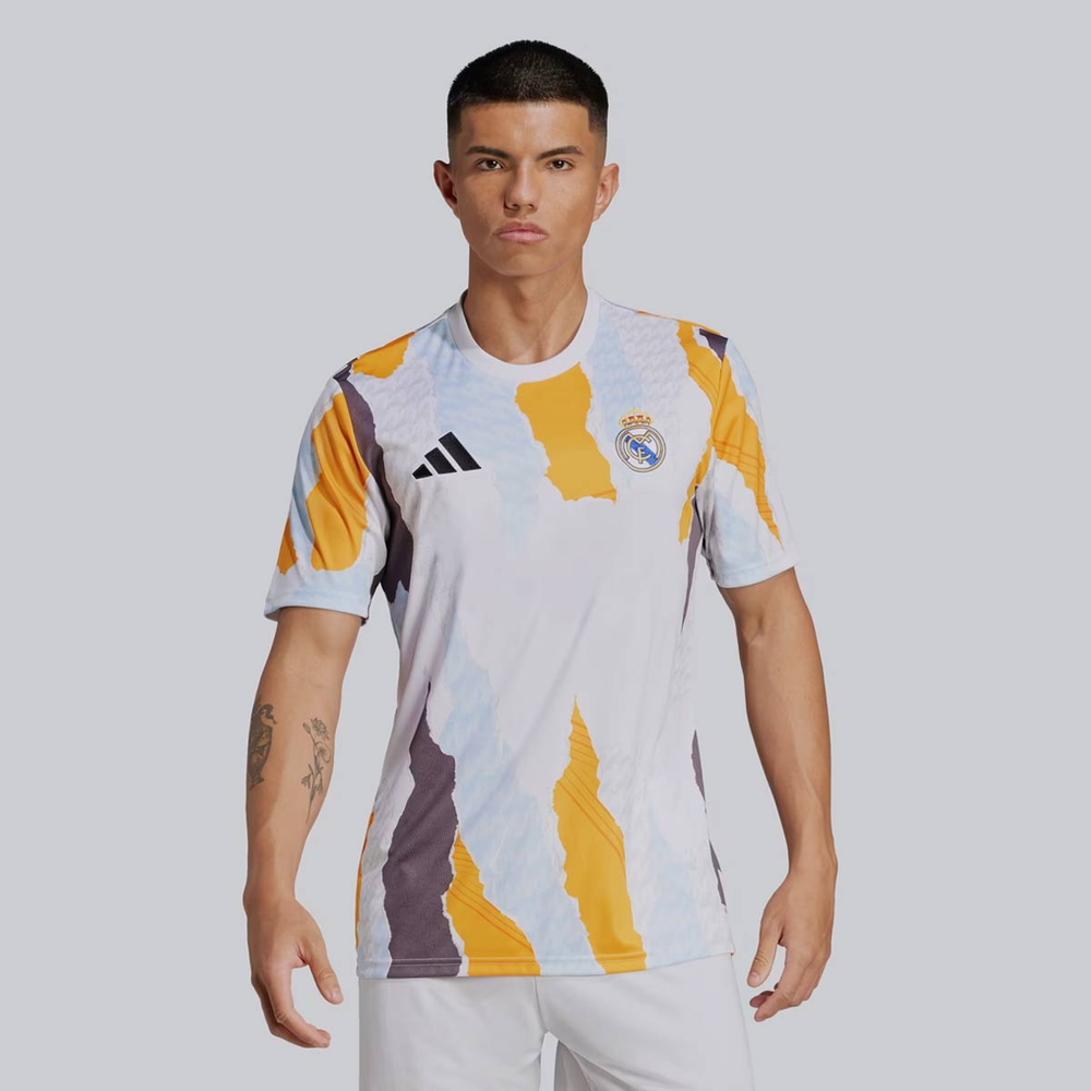 Camisa Adidas Real Madrid Pré-Jogo Branca e Laranja Camisa Adidas Real Madrid Pré-Jogo Branca e Laranja