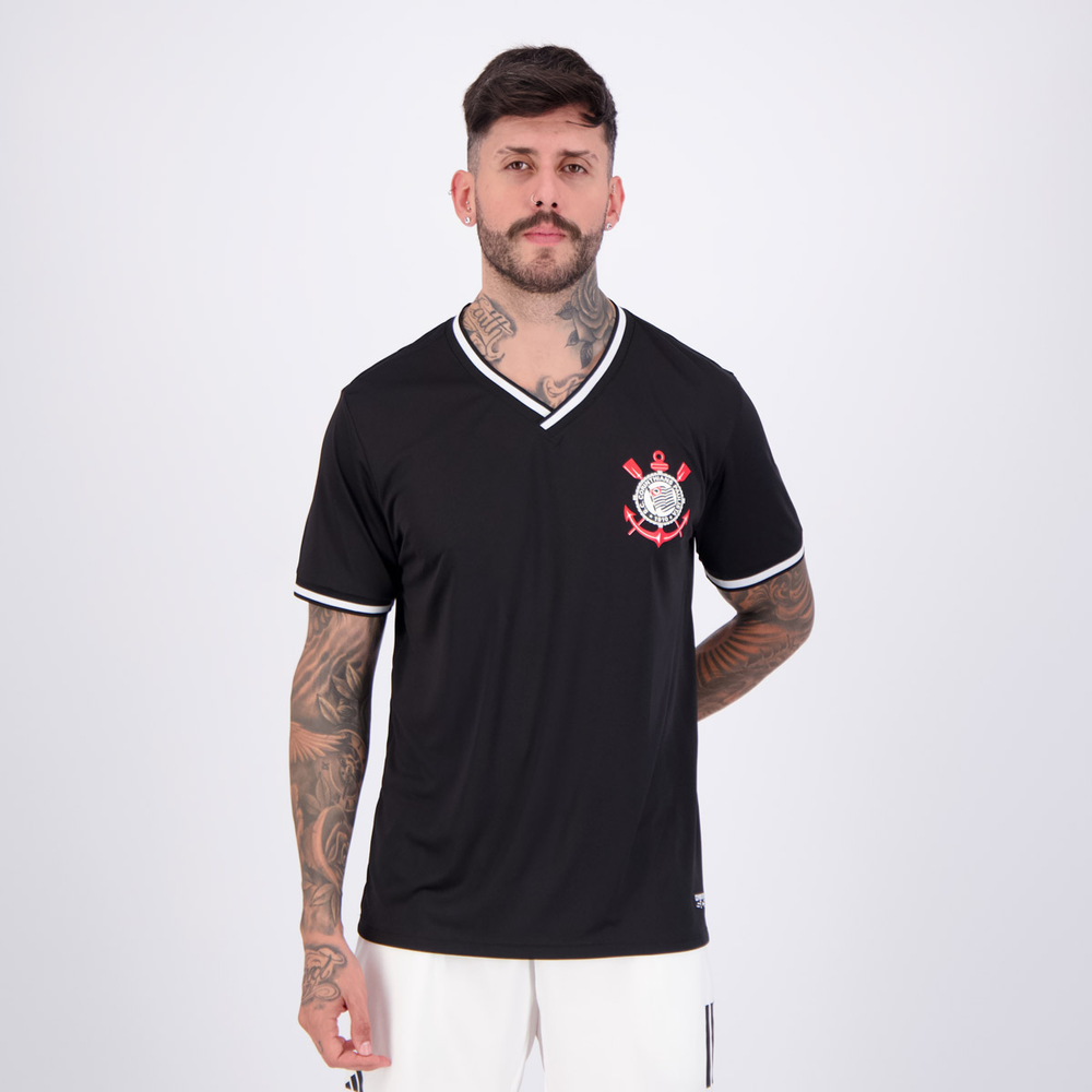 Camisa Corinthians Fitness Escudo Preta e Branca Camisa Corinthians Fitness Escudo Preta e Branca