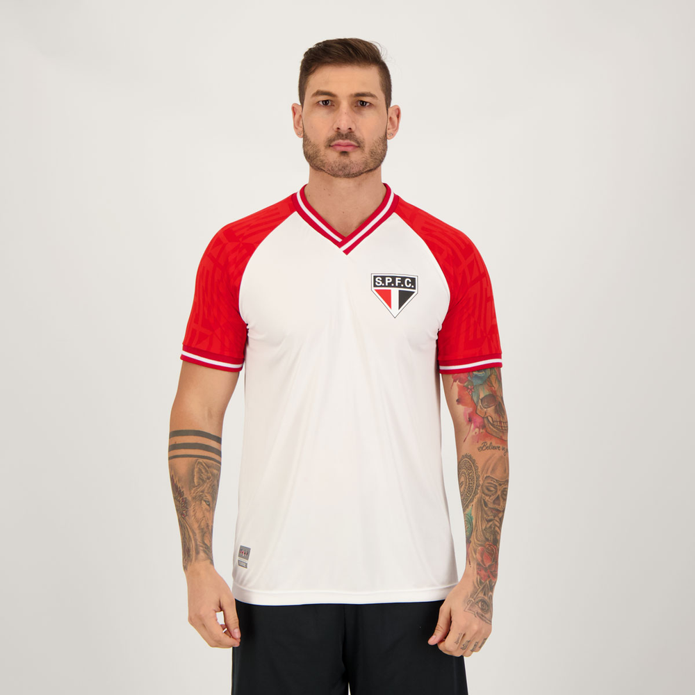 Camisa São Paulo Raglan Branca e Vermelha Camisa São Paulo Raglan Branca e Vermelha
