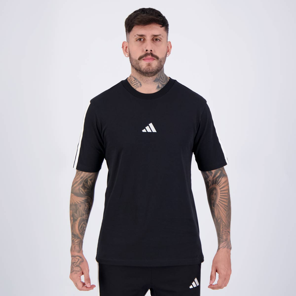 Camiseta Adidas 3 Stripes Logo Preta e Branca