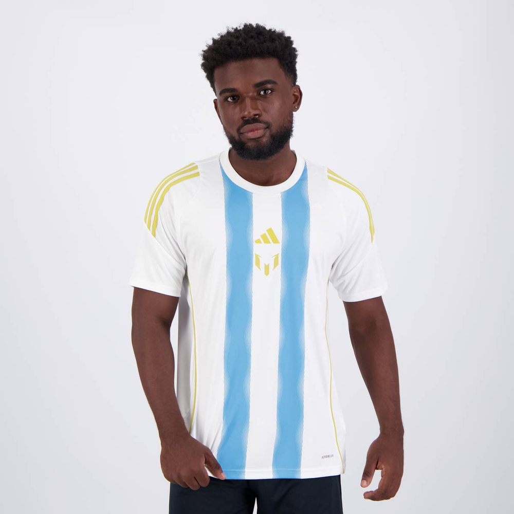Camiseta Adidas Tiro Messi Branca e Azul Camiseta Adidas Tiro Messi Branca e Azul