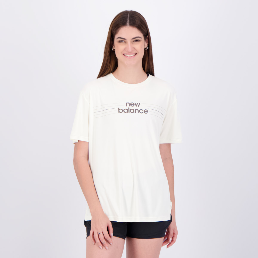 Camiseta New Balance Linear Performance Feminina Off White Camiseta New Balance Linear Performance Feminina Off White