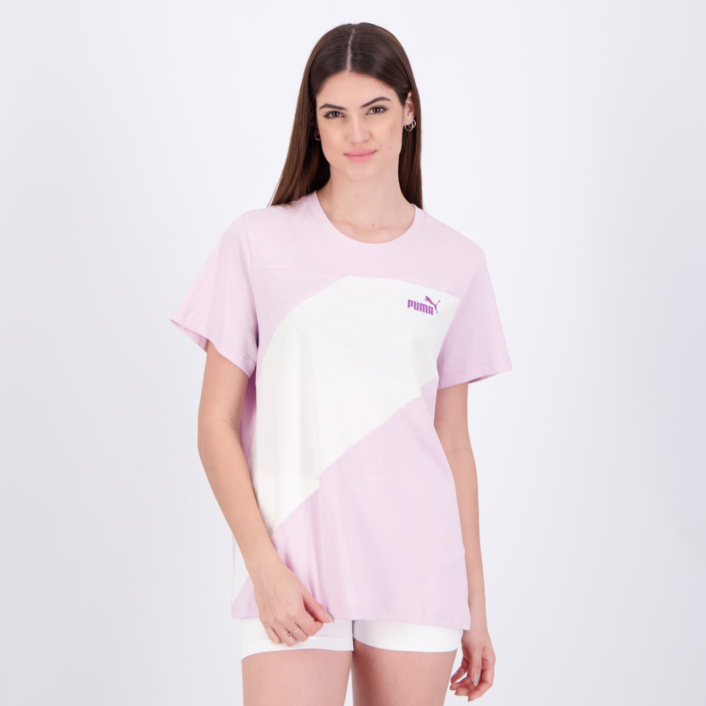 Camiseta Puma Power Tee Feminina Branca e Rosa Camiseta Puma Power Tee Feminina Branca e Rosa