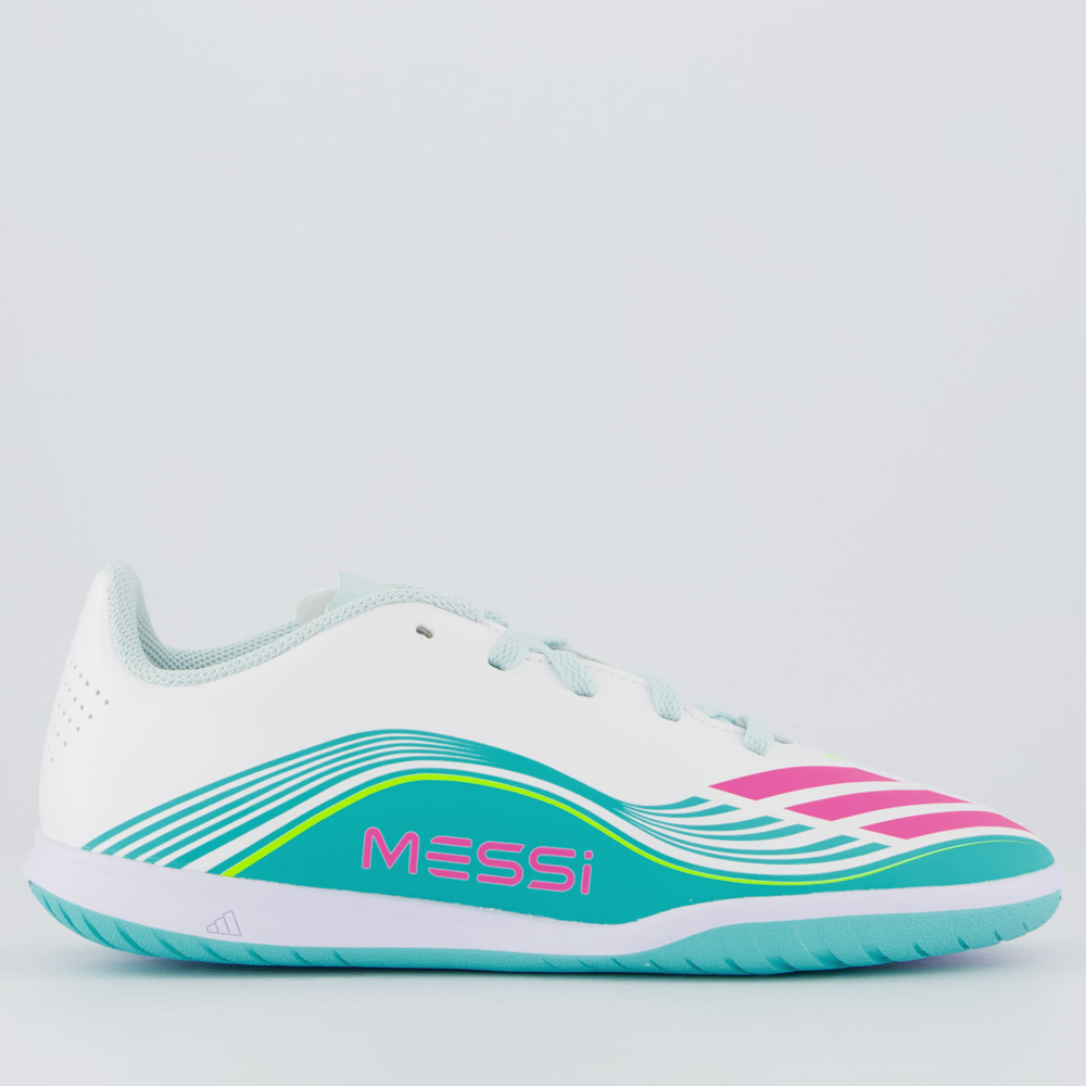 Chuteira Adidas F50 Messi Club Futsal Juvenil Branca e Verde Água Chuteira Adidas F50 Messi Club Futsal Juvenil Branca e Verde Água