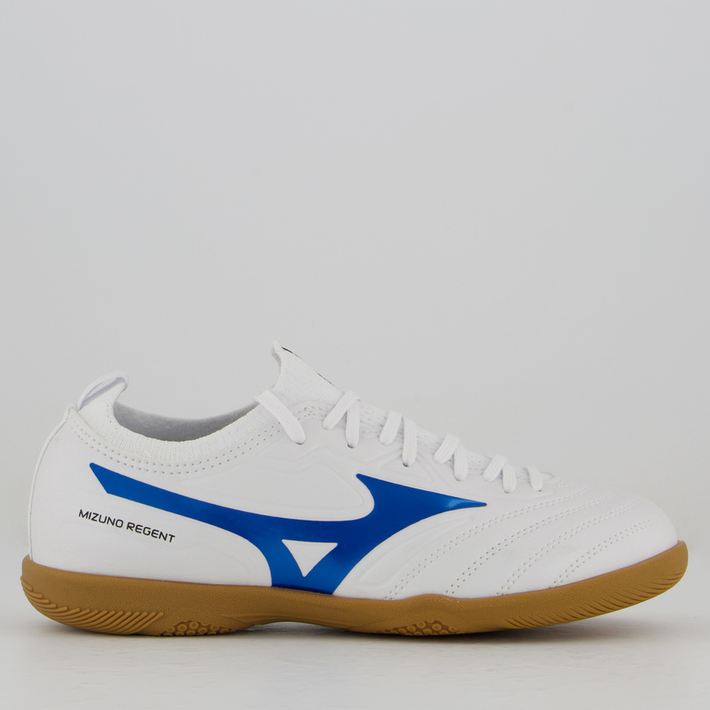 Chuteira Mizuno Regent IN Futsal Juvenil Branca e Azul Chuteira Mizuno Regent IN Futsal Juvenil Branca e Azul