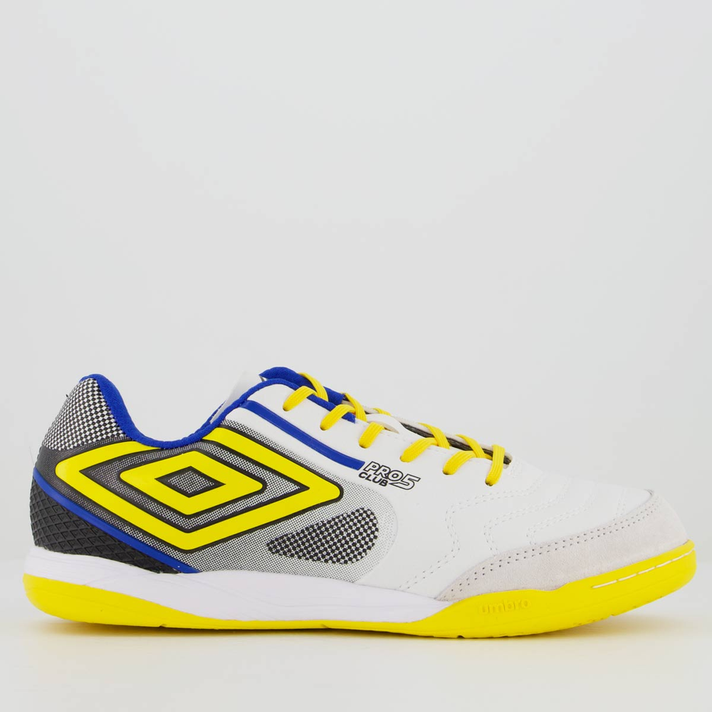 Chuteira Umbro Pro 5 Bump Club Futsal Branca e Amarela