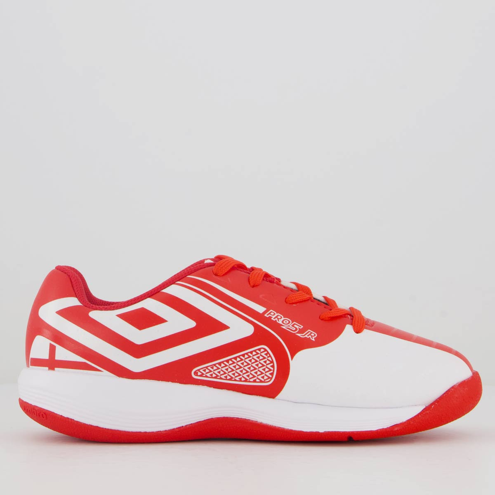 Chuteira Umbro Pro 5 England Futsal Juvenil Branca e Vermelha