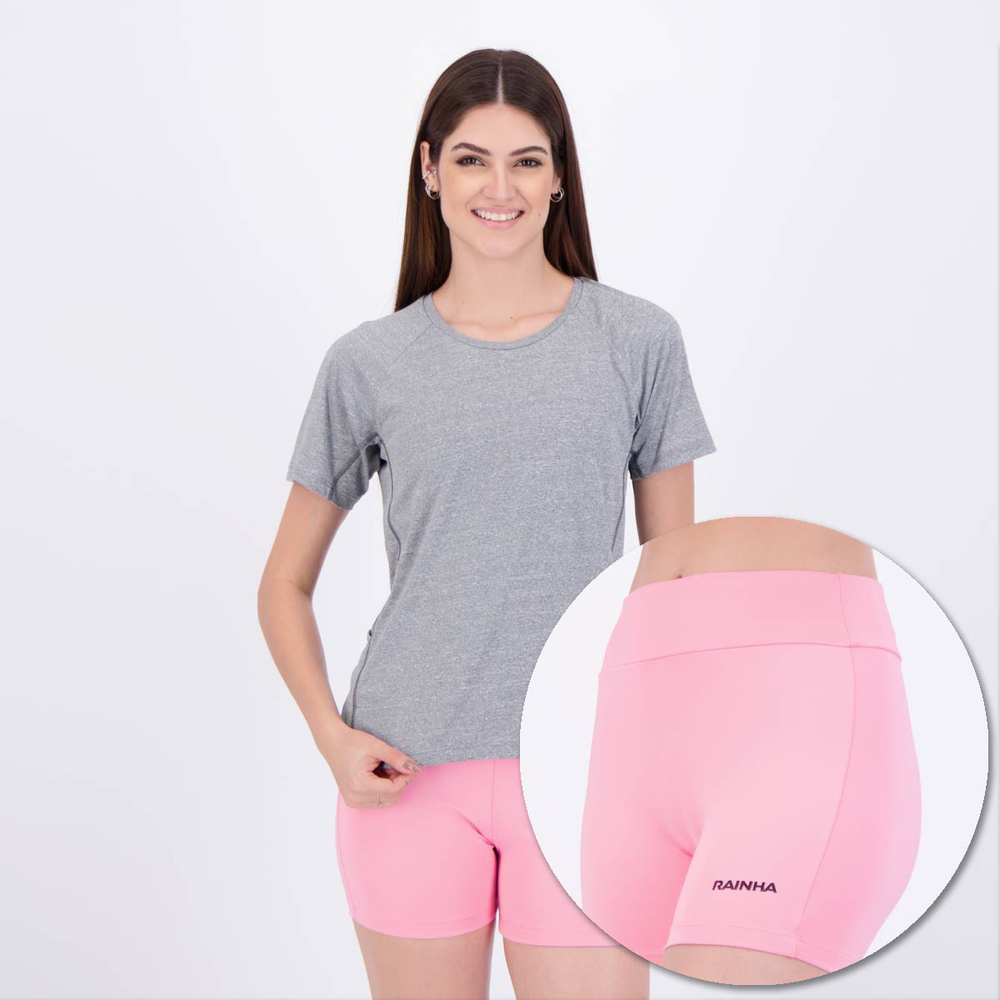 Conjunto Camiseta com Bolso e Bermuda Rainha Feminino Cinza e Rosa Conjunto Camiseta com Bolso e Bermuda Rainha Feminino Cinza e Rosa