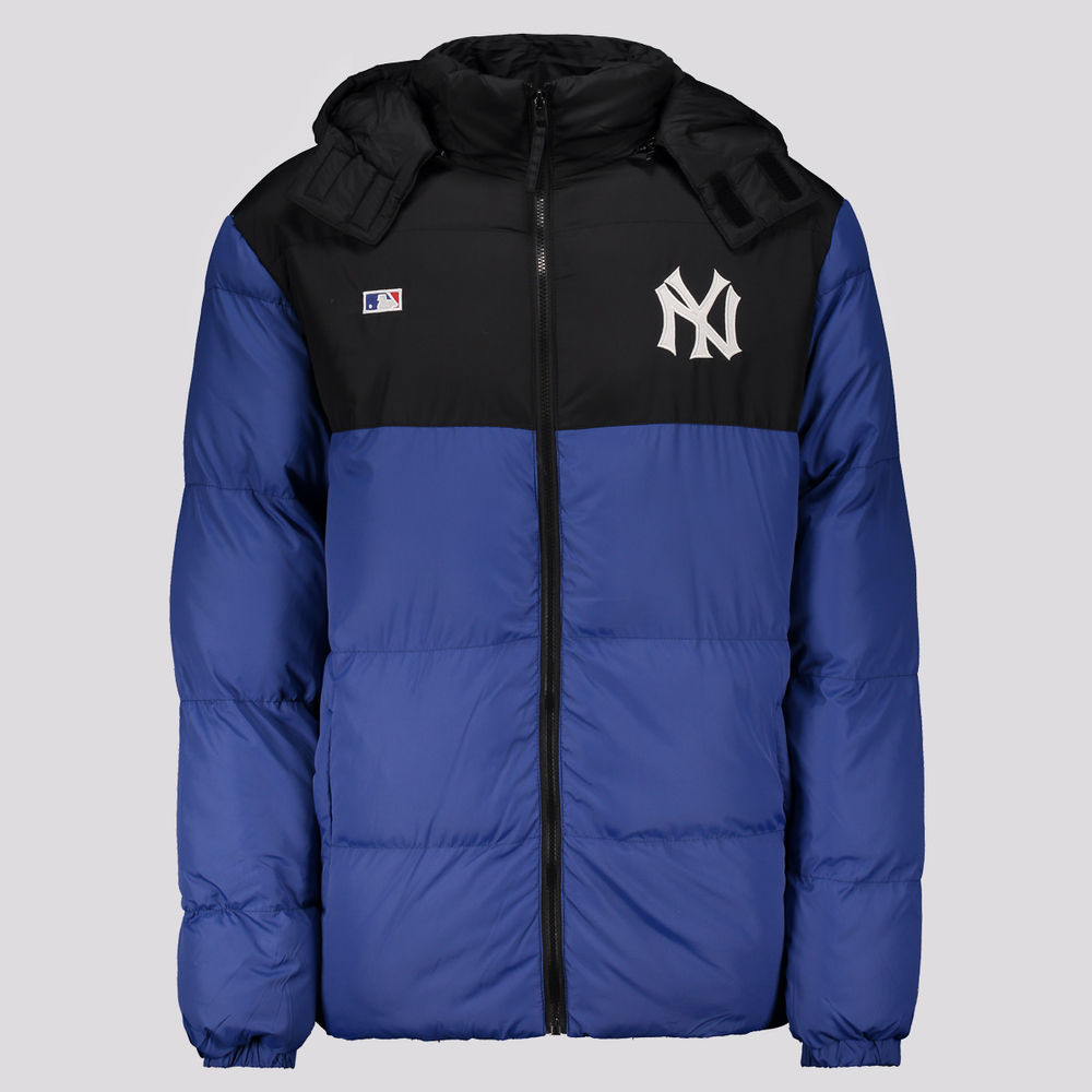Jaqueta New Era MLB New York Yankees Puffer com Capuz Removível Preta e Azul