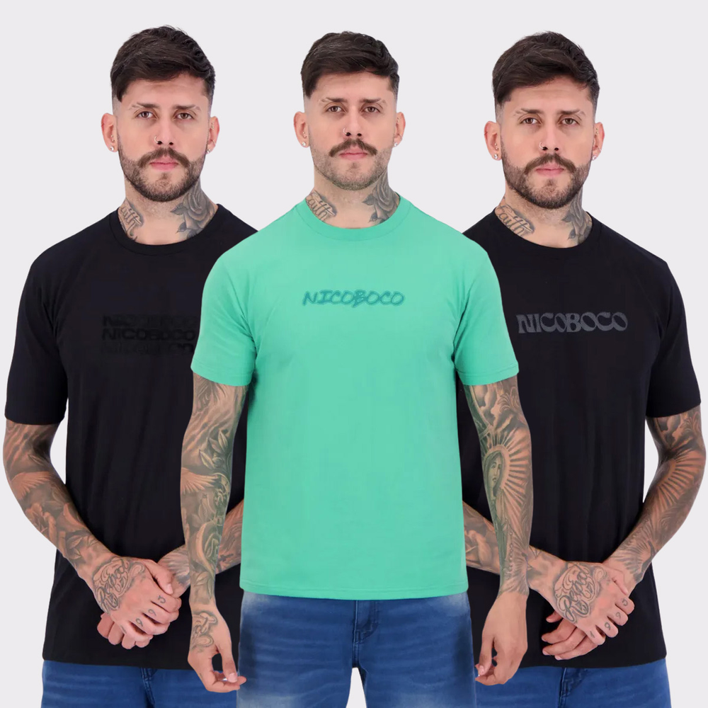 Kit 03 Camisetas Nicoboco Basic Preta e Verde Kit 03 Camisetas Nicoboco Basic Preta e Verde